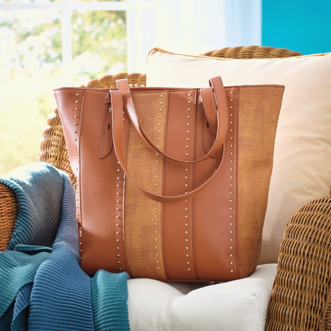 Deco Stitched Metal-Studded Tote, Tan, large