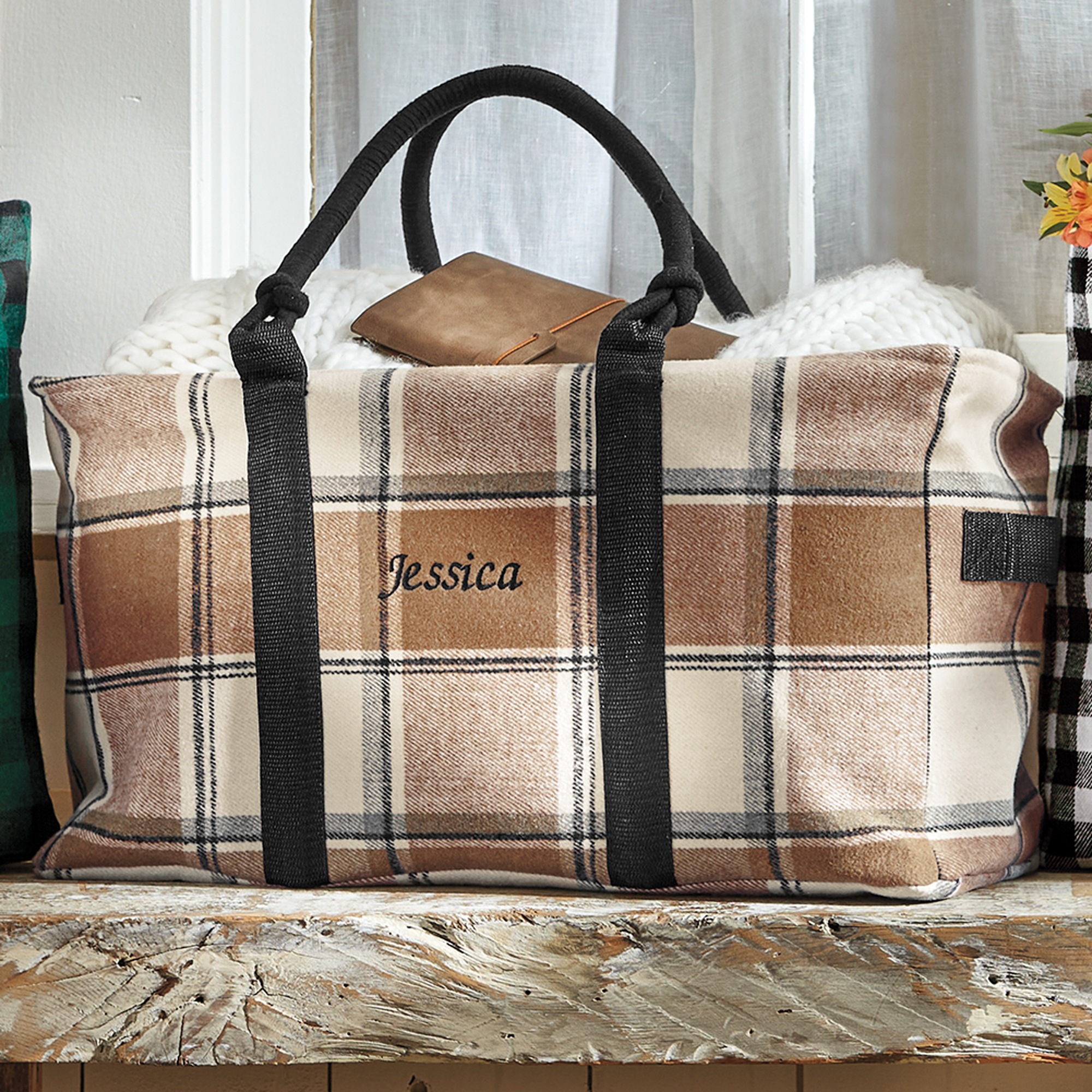 Farmhouse Utility Tote, Brown White Check, large
