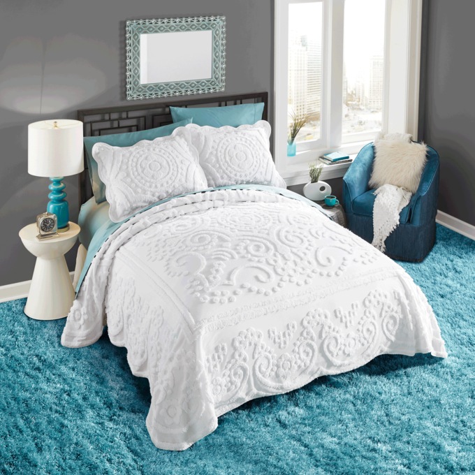 Scalloped and Tufted Cotton Chenille Sham with Scrolls, White, large