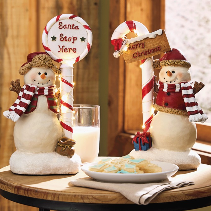 Lighted Snowman with Candy Cane Sign, , large