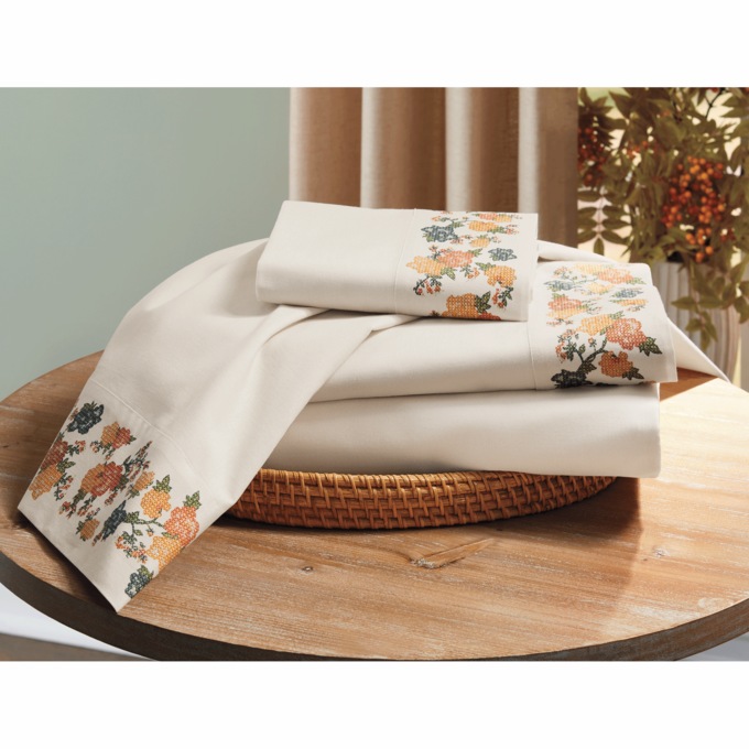 Printed Cross Stitch-Hem Sheet Set, , large