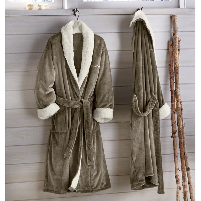 Faux-Sherpa Trim Unisex Robe, , large