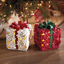 Set of 2 Lit Poinsettia Presents, , large