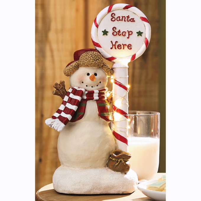 Lighted Snowman with Candy Cane Sign, , large