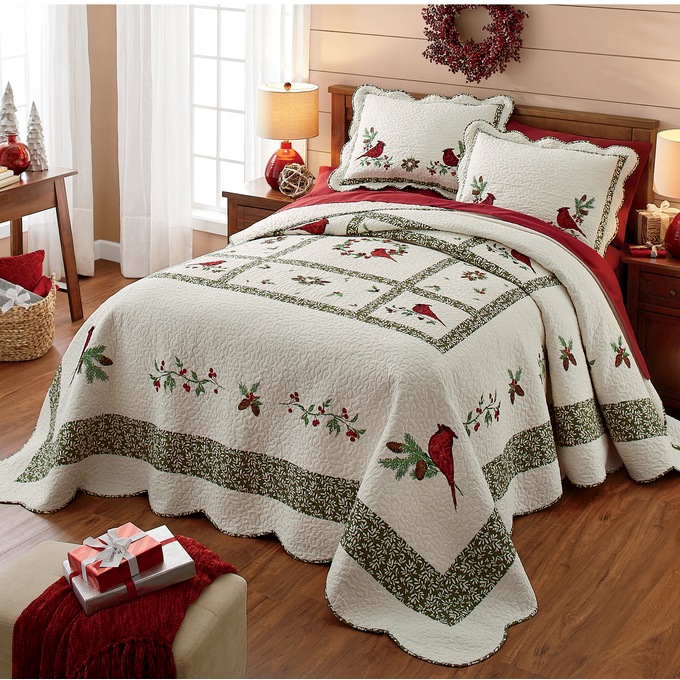 Cardinal Embroidered Quilted Bedspread, , large