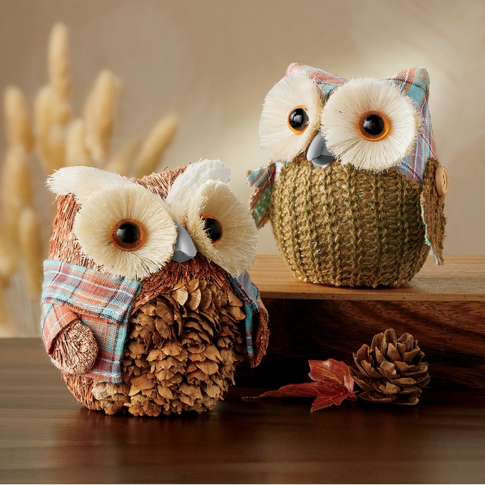 Set of 2 Plaid Sisal Harvest Owls, , large