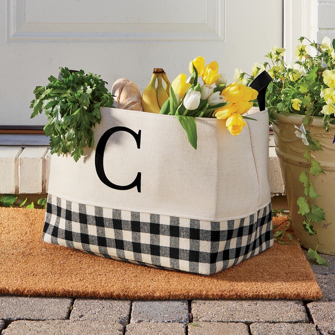 Plaid-Accent Tote Basket, , large