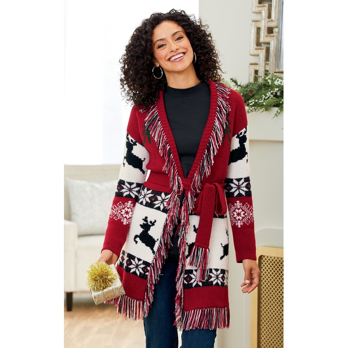 Holiday Spirit Fringe Cardigan, , large