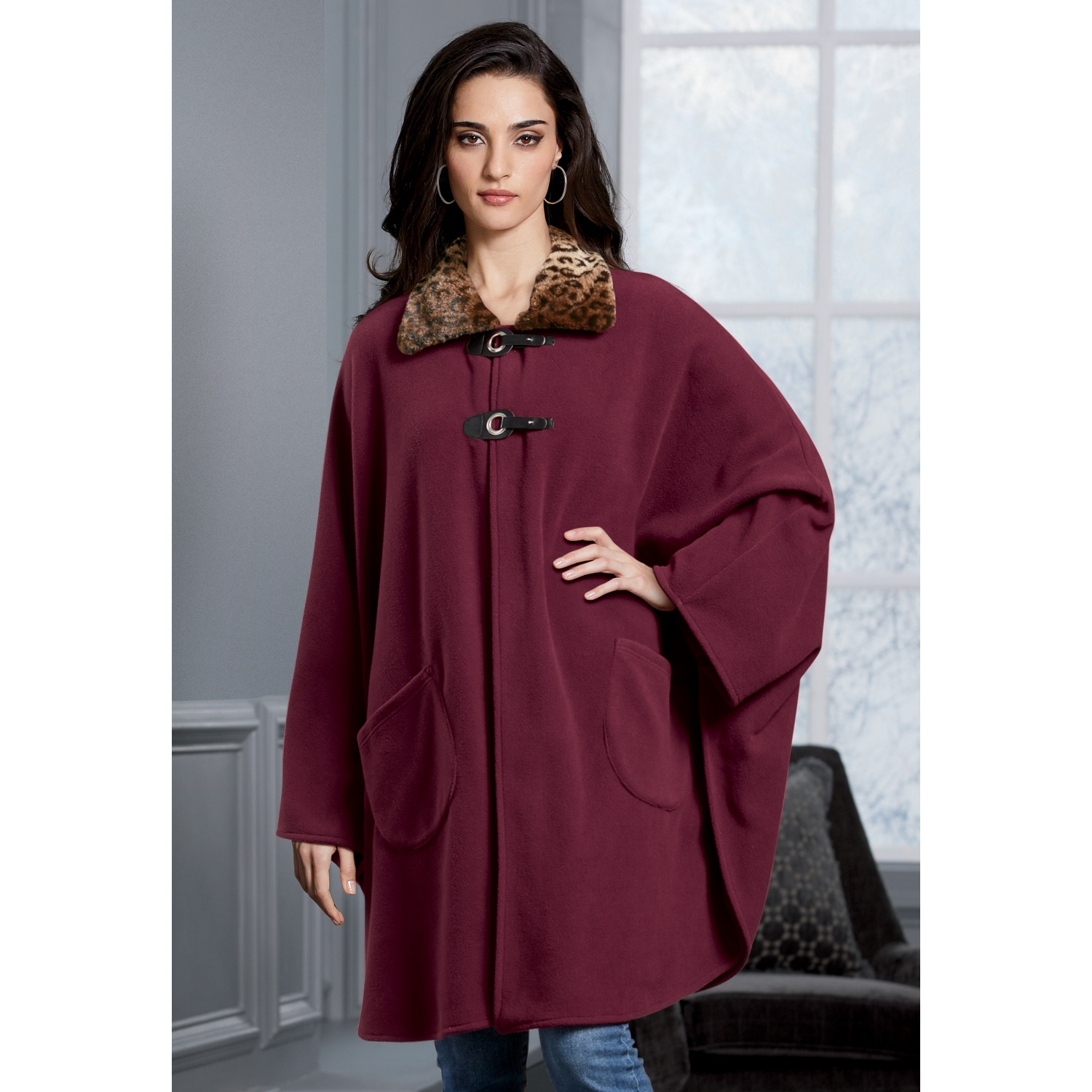 Crimson Elegance Faux Fur Trim Cape