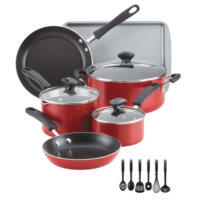 15-Piece Farberware Cookstart DiamondMax Nonstick Cookware Set, Red, large