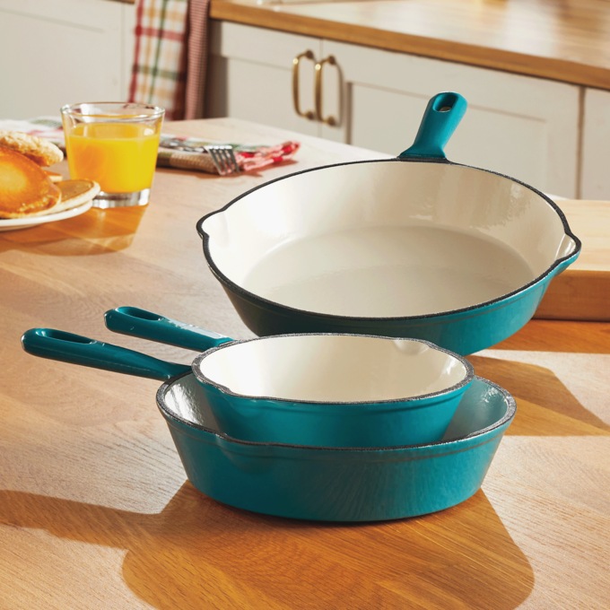 3-Piece Enameled Cast Iron Skillet Set, , large