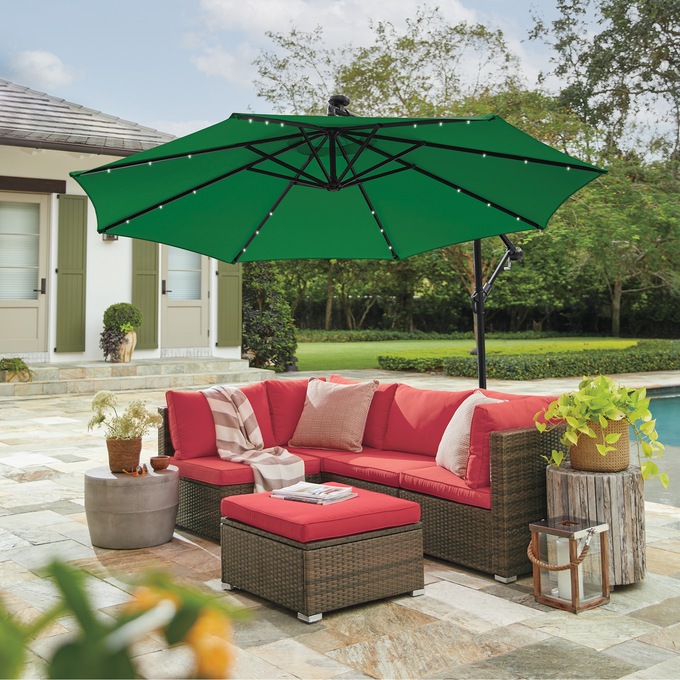 10' Solar Lit Offset Umbrella, Green, large