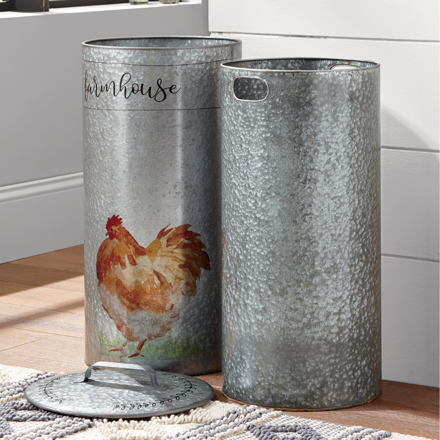 Rooster Trash Can, Metal, Silver