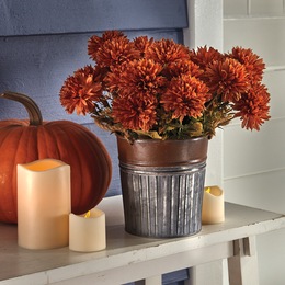 Faux Orange Mums In Galvanized Pot, , large