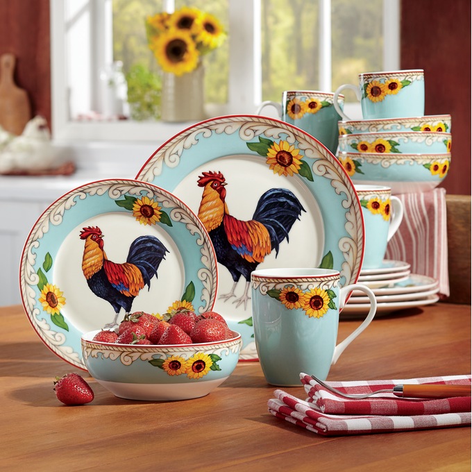 16 Piece Scroll Rooster Dinnerware Set Country Door