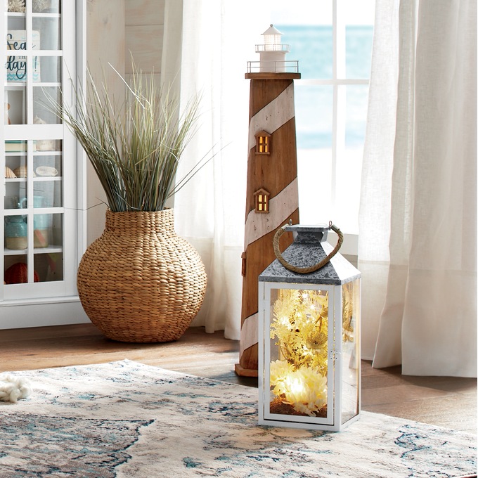 Lit Coastal Floral Arrangement in Lantern, , large