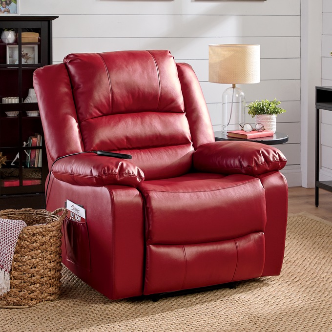 Overstuffed Recliner with Massage, Red, large