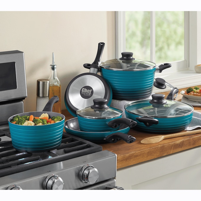 Chef Tested 10-Piece 2-Tone Ribbed Cookware Set, , large