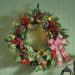 Lit Pinecone and Berry Christmas Wreath, , large