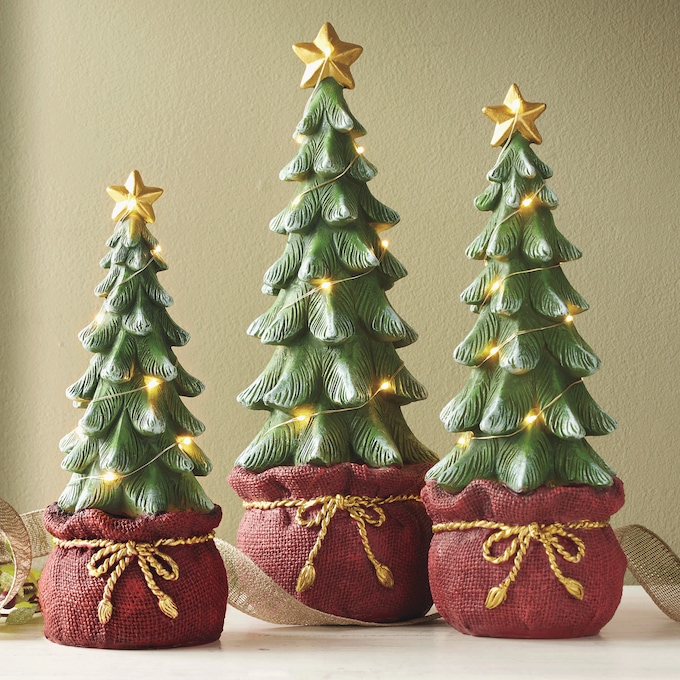 Set of 3 Lit Trees in Santa Bags, , large