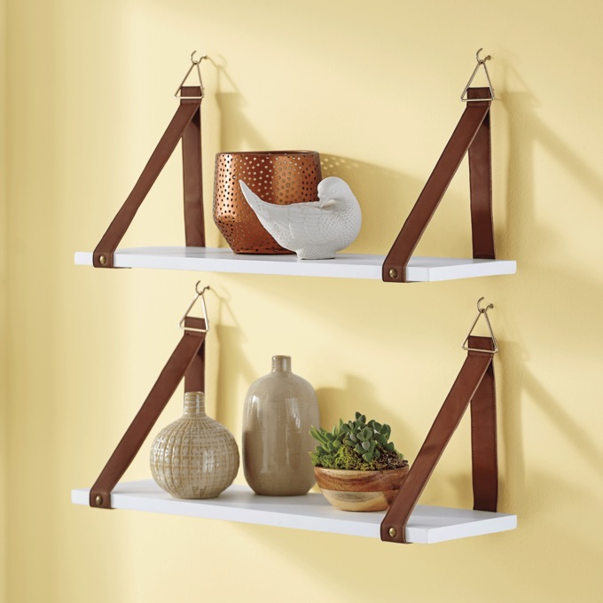 Set of 2 Shelves with Faux-Leather Straps, White, large