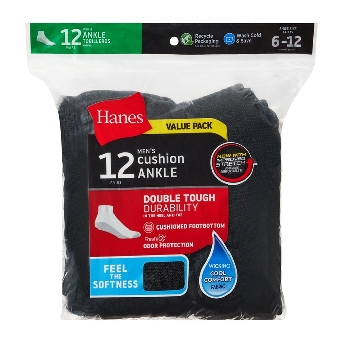 Men's 12-Pack Cushion Ankle Sock, Black, large