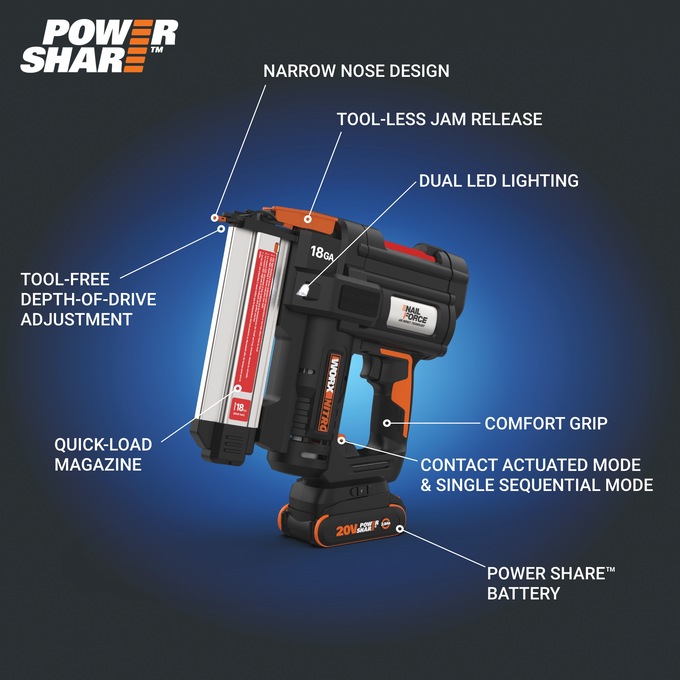 Worx 20V Nitro Brad Nail Gun (Tool Only), , large