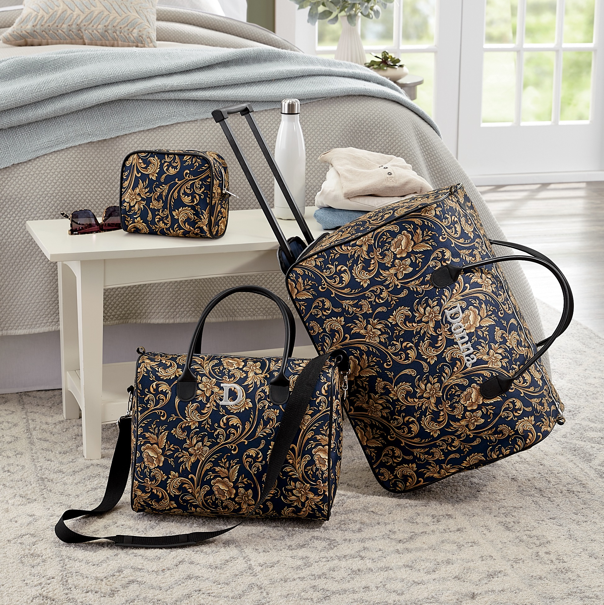 3-Piece Personalized Weekender Luggage Set, Floral Scroll, large
