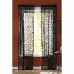 Salem Black Sheer Lace Jacquard Window Panel with Scalloped Edges, , large