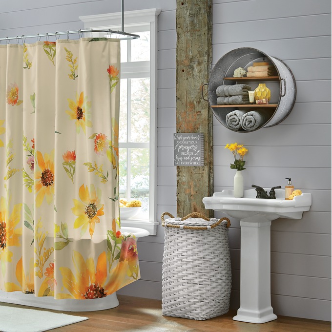 Sunflower Shower Curtain, Yellow Sunflower on Rustic Wooden Bath