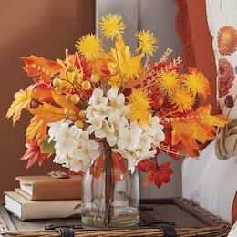 Fall Hydrangea &amp; Maple Leaf Arrangement in Glass Vase, , large