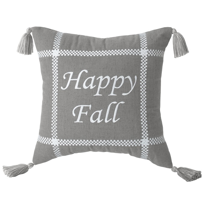 Gray Plaid Happy Fall Accent Pillow, , large