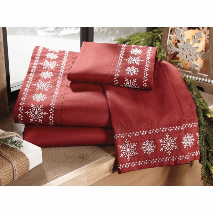 Embroidered Snowflake Microfiber Sheet Set, , large