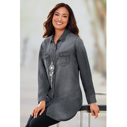 Long-Sleeved Denim Button-Up Tunic, Gray, large