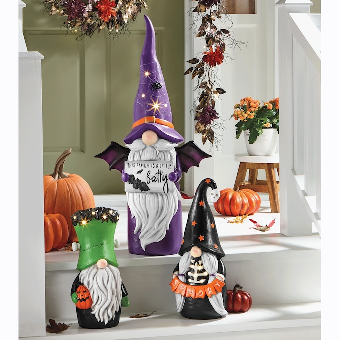 Set of 3 Large Lit Halloween Gnomes, , large