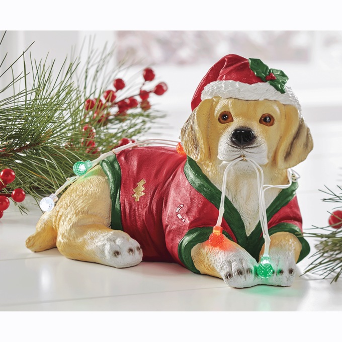 Light-Up Puppy Figurine with Santa Hat, , large