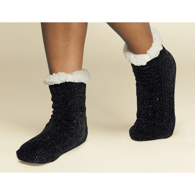 Chenille Slipper Socks - Black - 1 Pair