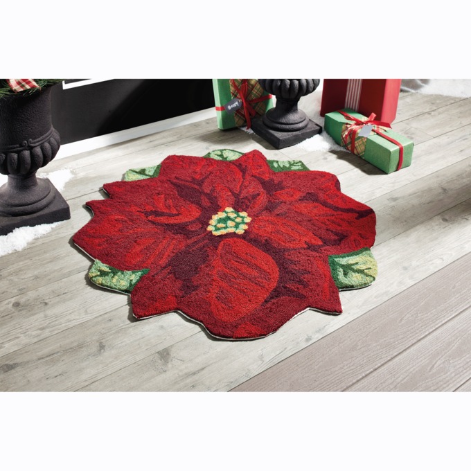 Poinsettia-Shaped Hand-Hooked Mat - 3' diam., , large