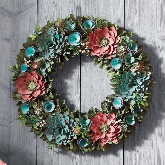 Flocked Succulent and Flower Wood Curl Wreath, , large