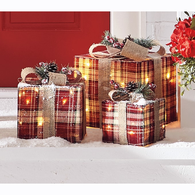 Set of 3 Lit Plaid Gift Boxes, , large