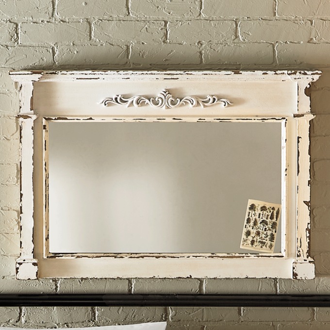 34" Antique-Style Distressed White Mantle Wall Mirror, White, large