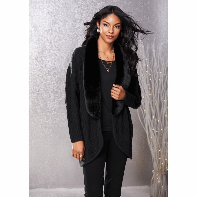 Diana Faux Fur-Trimmed Cardigan, Black, large