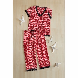 Heart-Print Women&rsquo;s PJ Set with Lace Trim in Stretch Jersey Knit, , large