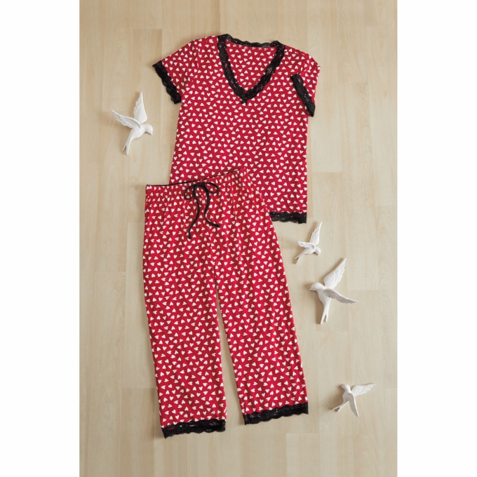 Heart-Print Women&rsquo;s PJ Set with Lace Trim in Stretch Jersey Knit, , large