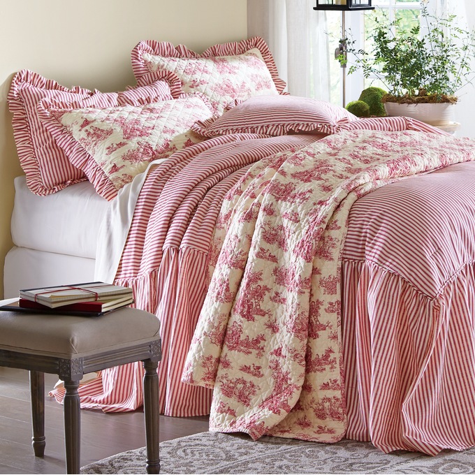 Ticking Stripe Ruffled Bedspread, , large