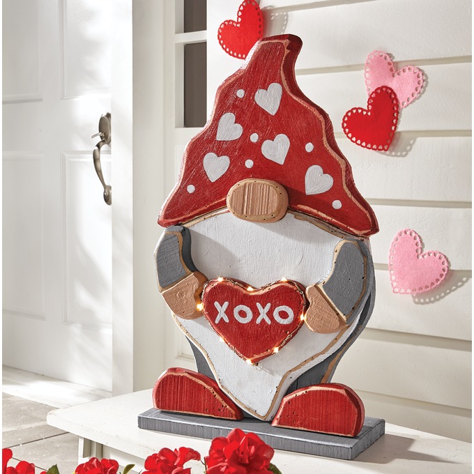 Chunky Wood Cutouts Lighted Valentine&#39;s Day Gnome, , large
