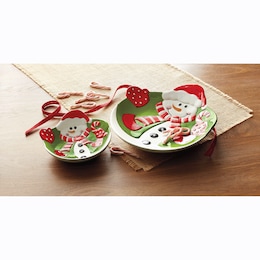 Set of 2 Merry Snowman Serving Dishes, , large