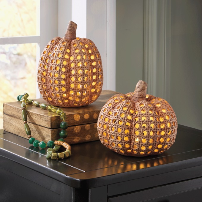 Set of 2 LED Lit Cane-Style Resin Pumpkins with Timer, Tan, large