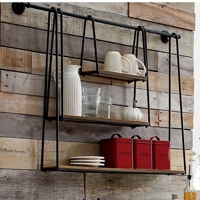 Unusual black metal shelves in the kitchen, open shelving