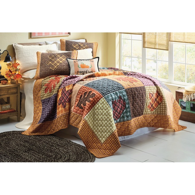 Hazel Autumn Patchwork Oversized Quilt with Appliqu&eacute; and Coordinating Sham, , large